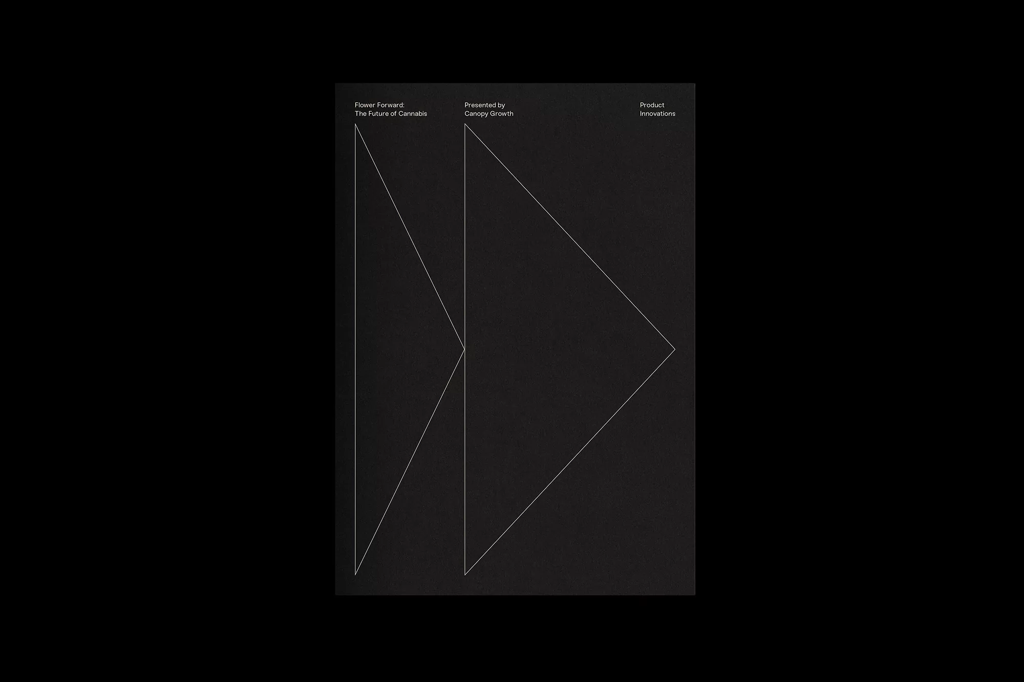 Geometric abstract design features white lines forming triangular shapes against a black background with product information in white text.