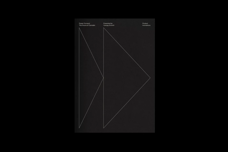 Geometric abstract design features white lines forming triangular shapes against a black background with product information in white text.