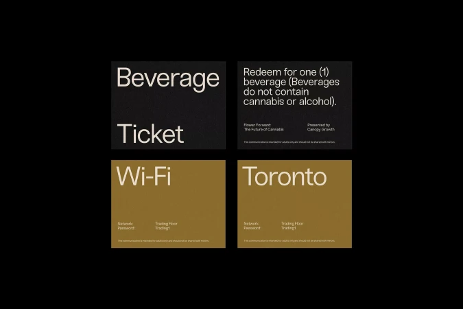 Graphic art featuring beverage ticket and wifi details with a Toronto reference, set against a stark black background.