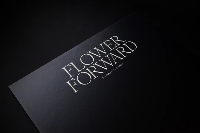 Promotional image of a book cover with the text 'Flower Forward The Future of Cannabis' against a black background.