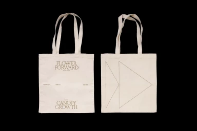 Two cream canvas tote bags displayed against a solid black background, showing printed typography and geometric triangle graphics.