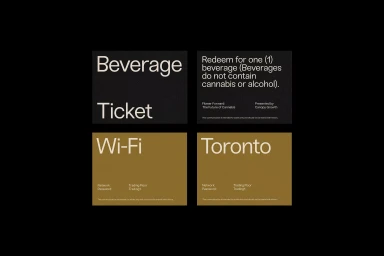 Four rectangular graphic design cards featuring minimalist typography on black and mustard backgrounds.