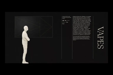 Graphic design brand identity layout with minimalist typography and a silhouette figure viewing line art