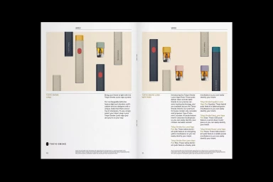 Spread from a brand identity catalogue displaying speckled vape devices and colourful cartridges against a light backdrop