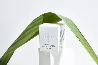 White skincare product box with embossed RASSA branding resting on small blocks beneath a curving green leaf.