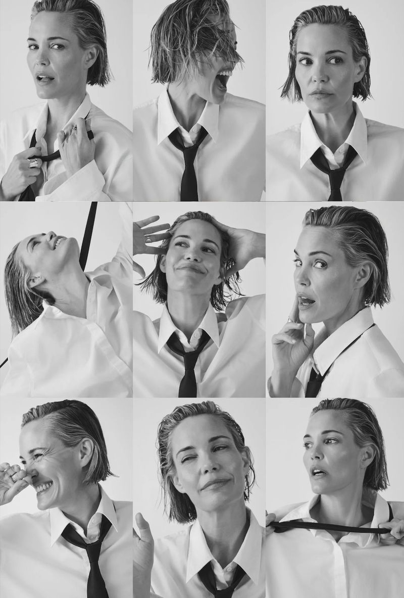 Black and white portrait montage of a fair-skinned adult woman wearing a white shirt and dark tie, with varied facial expressions.