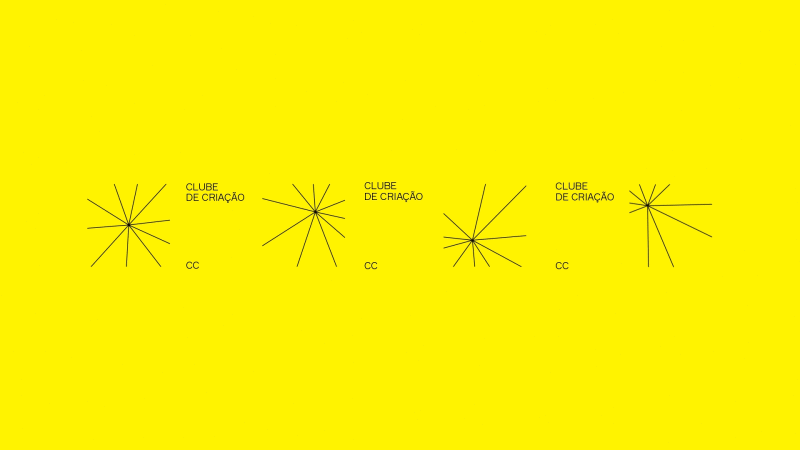Abstract geometric design with radial lines and minimal text on a bright yellow background, conveying a modern, artistic concept.