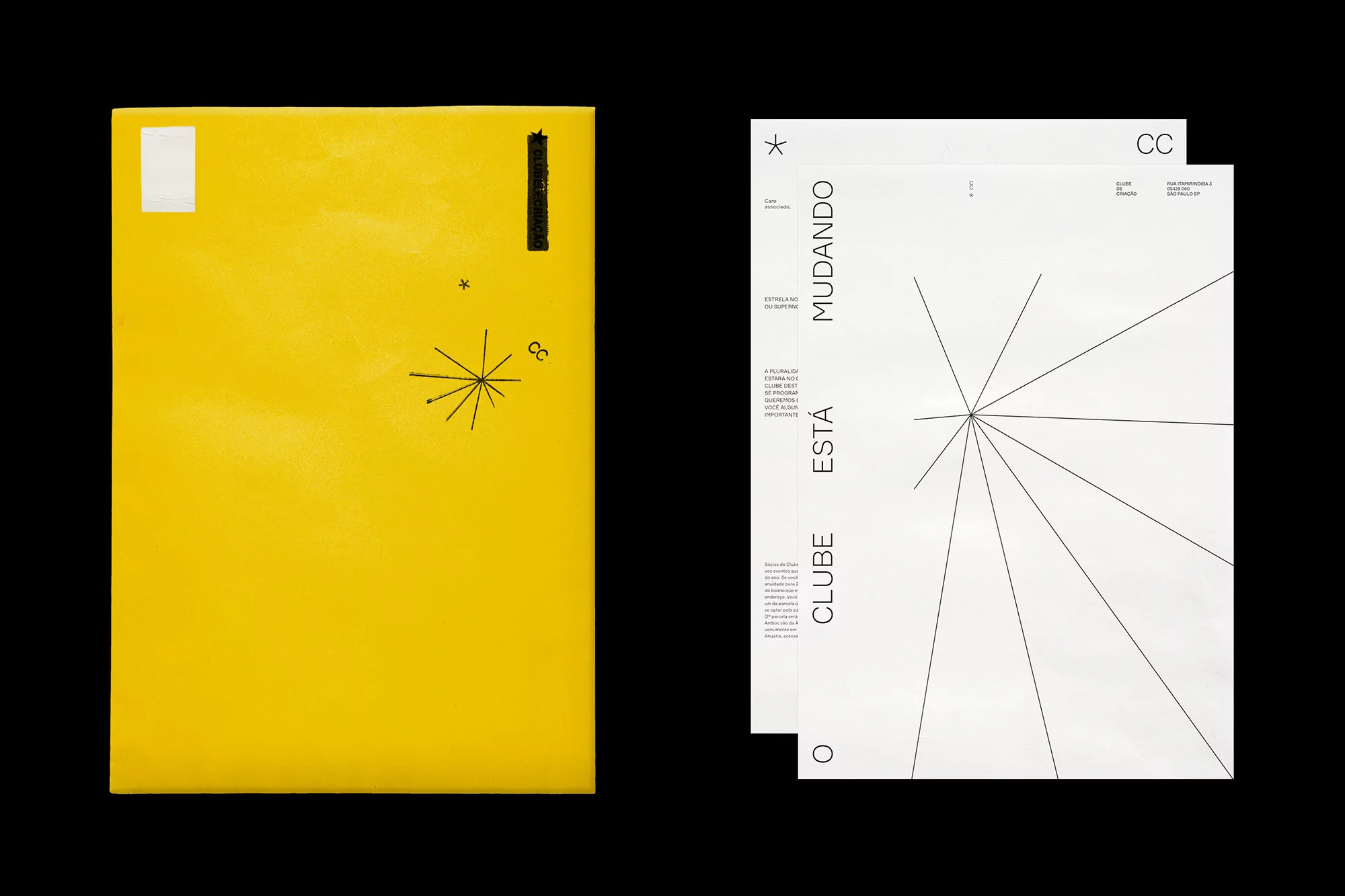 Graphic design featuring a yellow envelope with a minimalist black starburst design next to white posters with geometric line art.