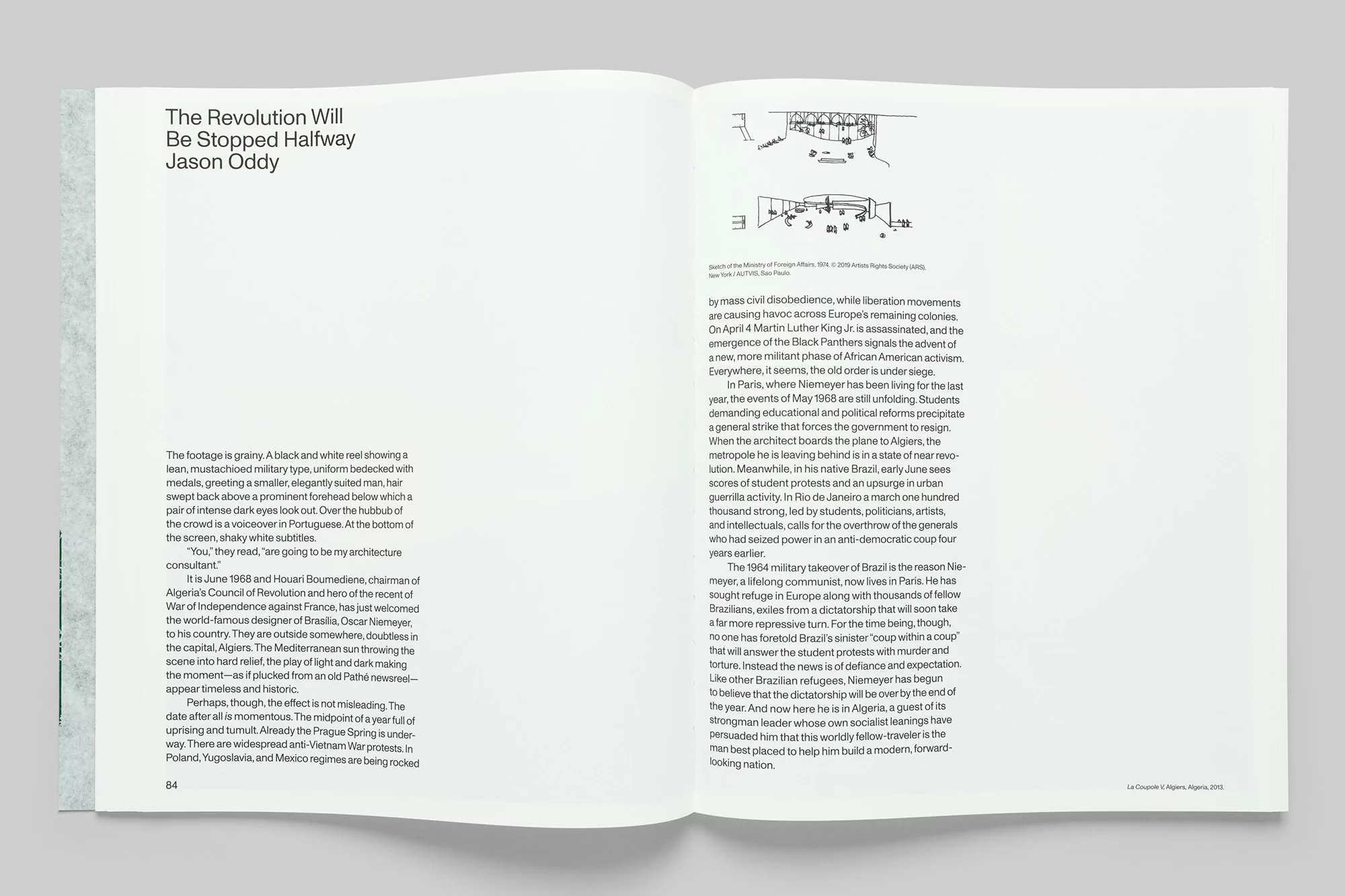 Open book spread features text excerpts and architectural sketches in black and white, providing a glimpse into its content.