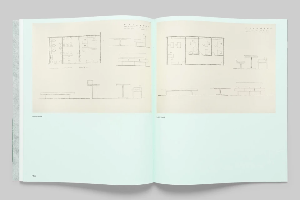 Open book displaying architectural drawings with floor plans and furniture layouts in a light and airy presentation.