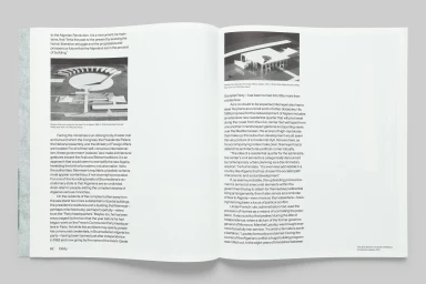 Open book spread showing architectural photographs, black and white illustrations, and multi-column text layouts.