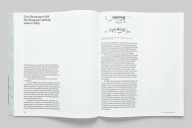 Open book spread showing clean typographic layout and multi-column article by Jason Oddy for MTWTF