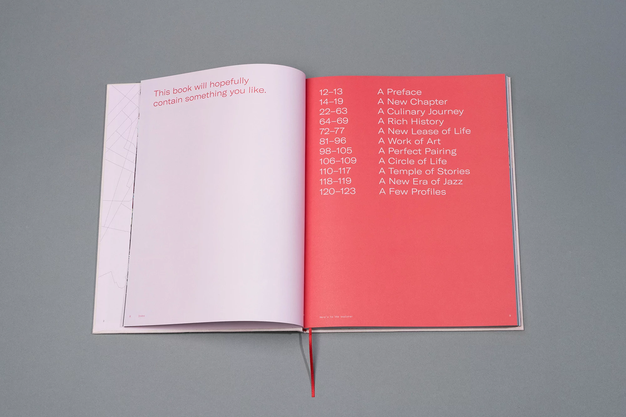 Open book on a gray surface displaying its table of contents on a vibrant pink page, creating a visually striking contrast.