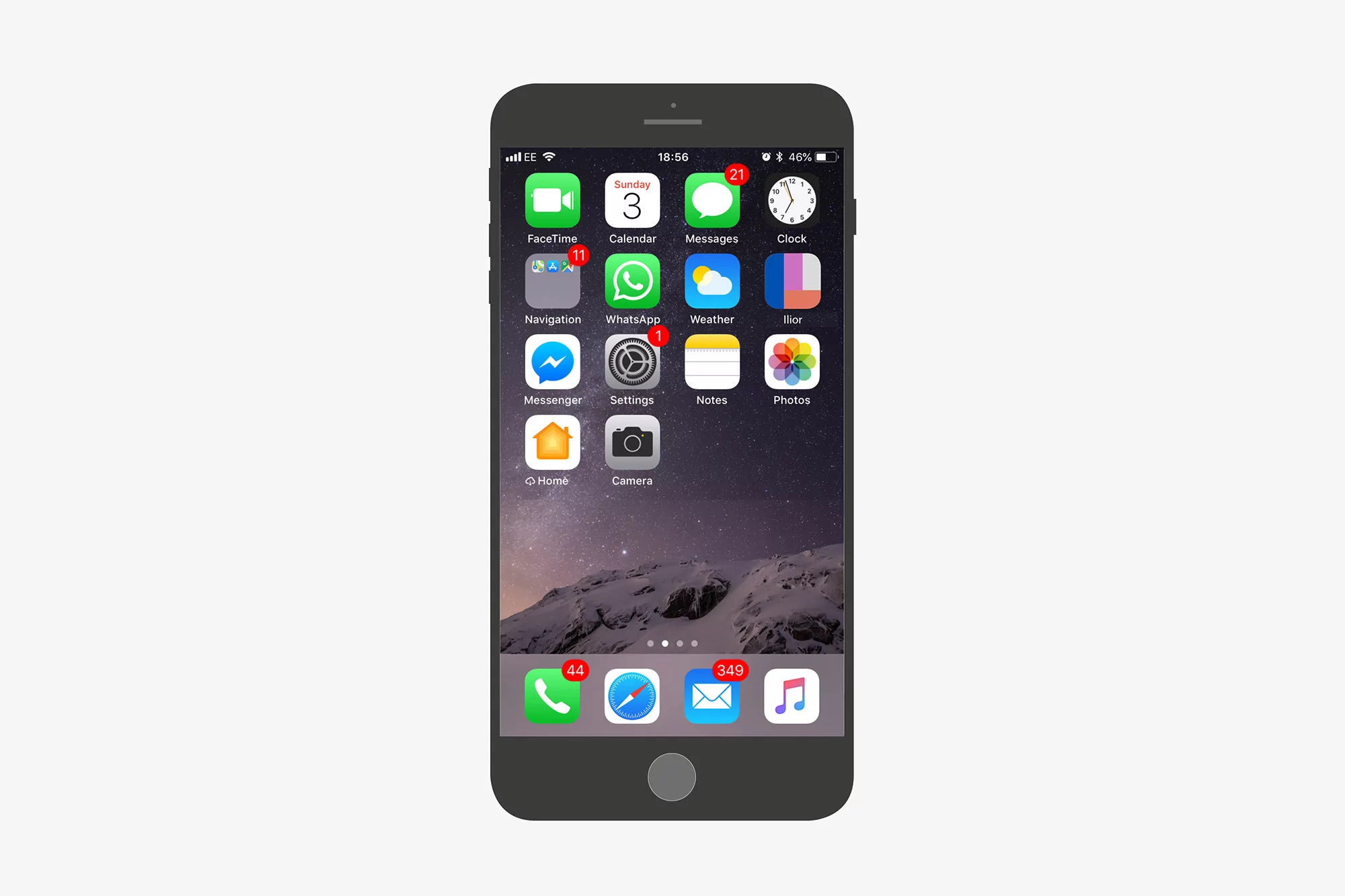 Grey Apple iPhone displaying the iOS home screen interface with various app icons and notifications against a white background.
