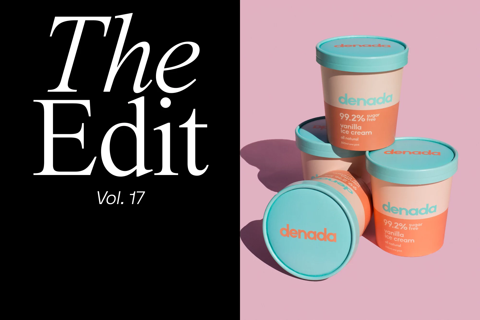 Stack of Denada vanilla ice cream pints with light-blue lids and peach labels on a pink surface with negative space on the left.