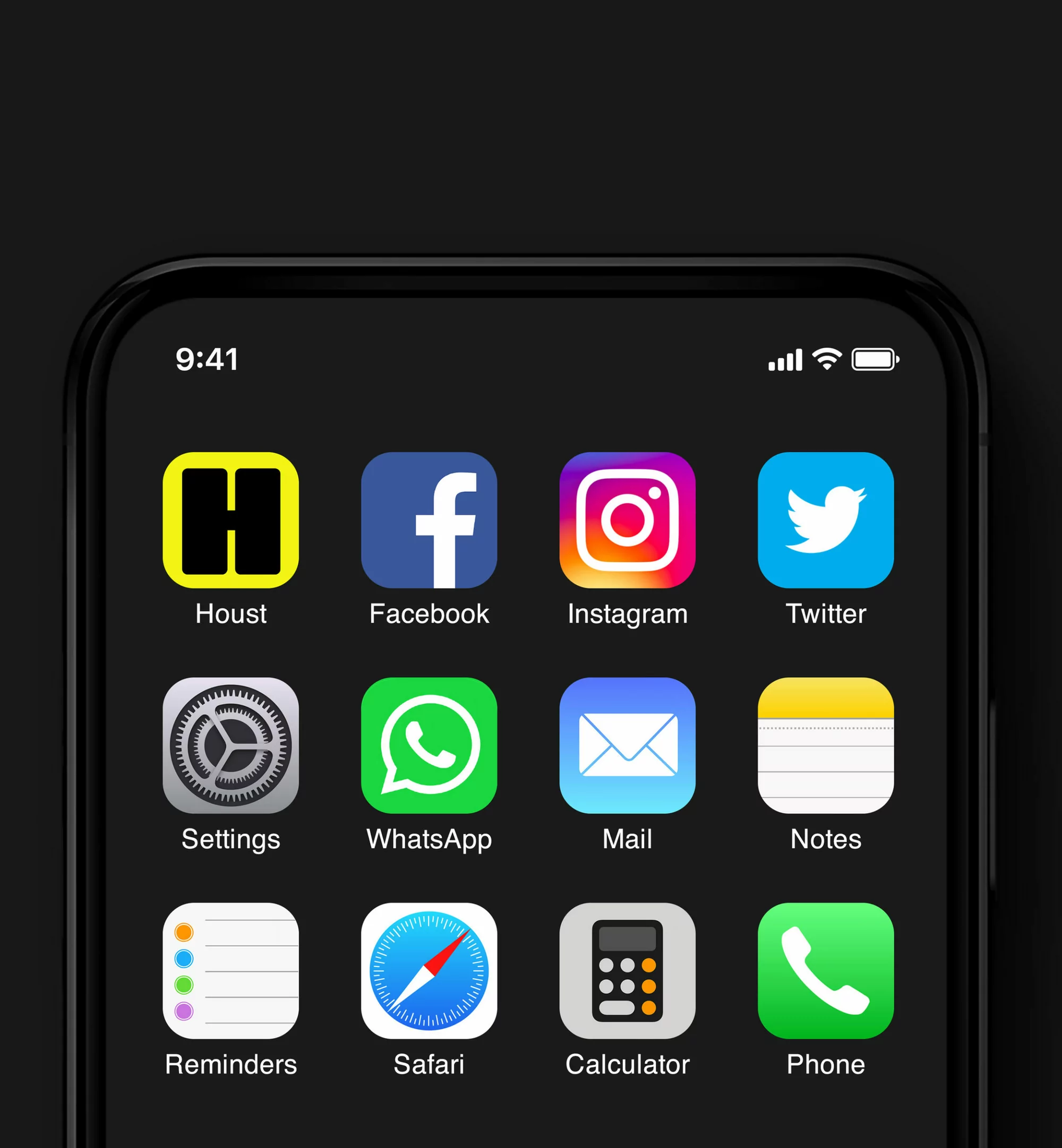 Smartphone screen displaying various application icons, including social media, utilities, and productivity apps on a dark backdrop.