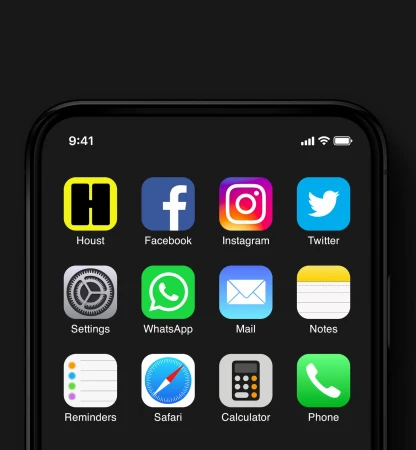Smartphone screen displaying various application icons, including social media, utilities, and productivity apps on a dark backdrop.
