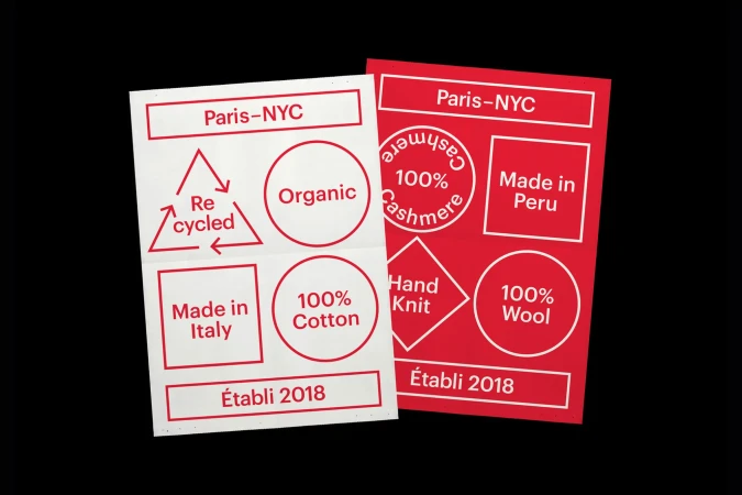 Two informational cards on a black backdrop: one with recycling and cotton messaging, the other with cashmere and wool messaging.