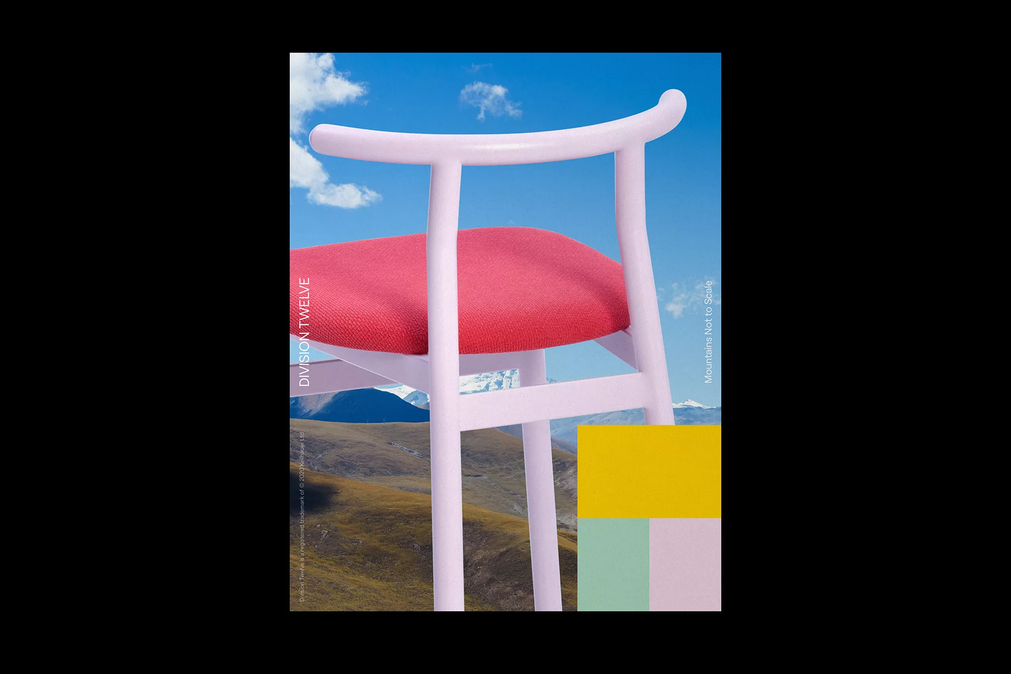 Minimalist furniture advertisement featuring a pink chair with a red cushion against a backdrop of mountains and a blue sky.