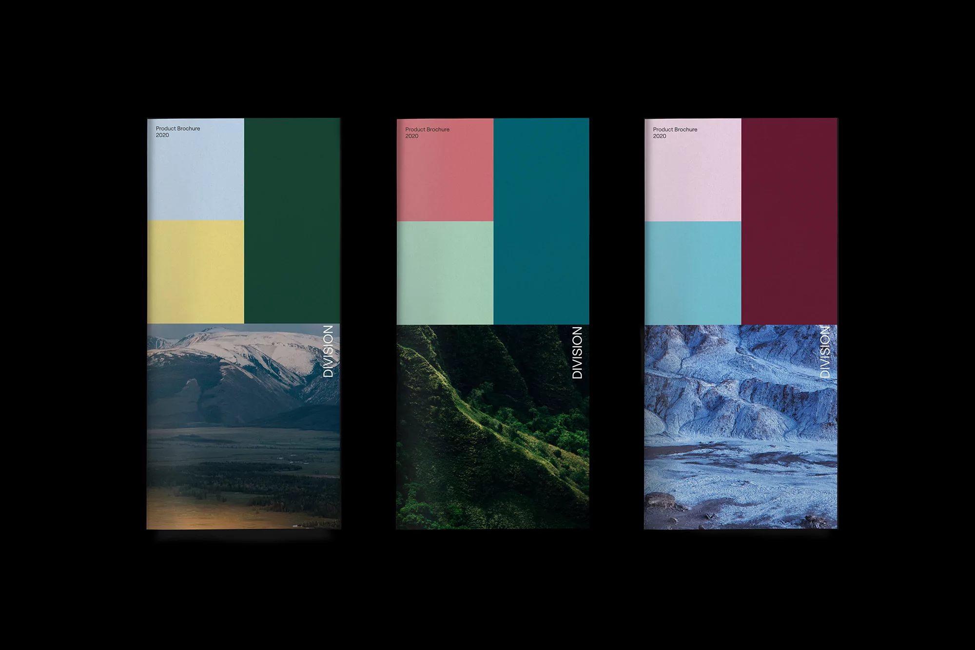 Three product brochure covers, each featuring color blocks and landscape photography: mountains, green hills, and a glacier.