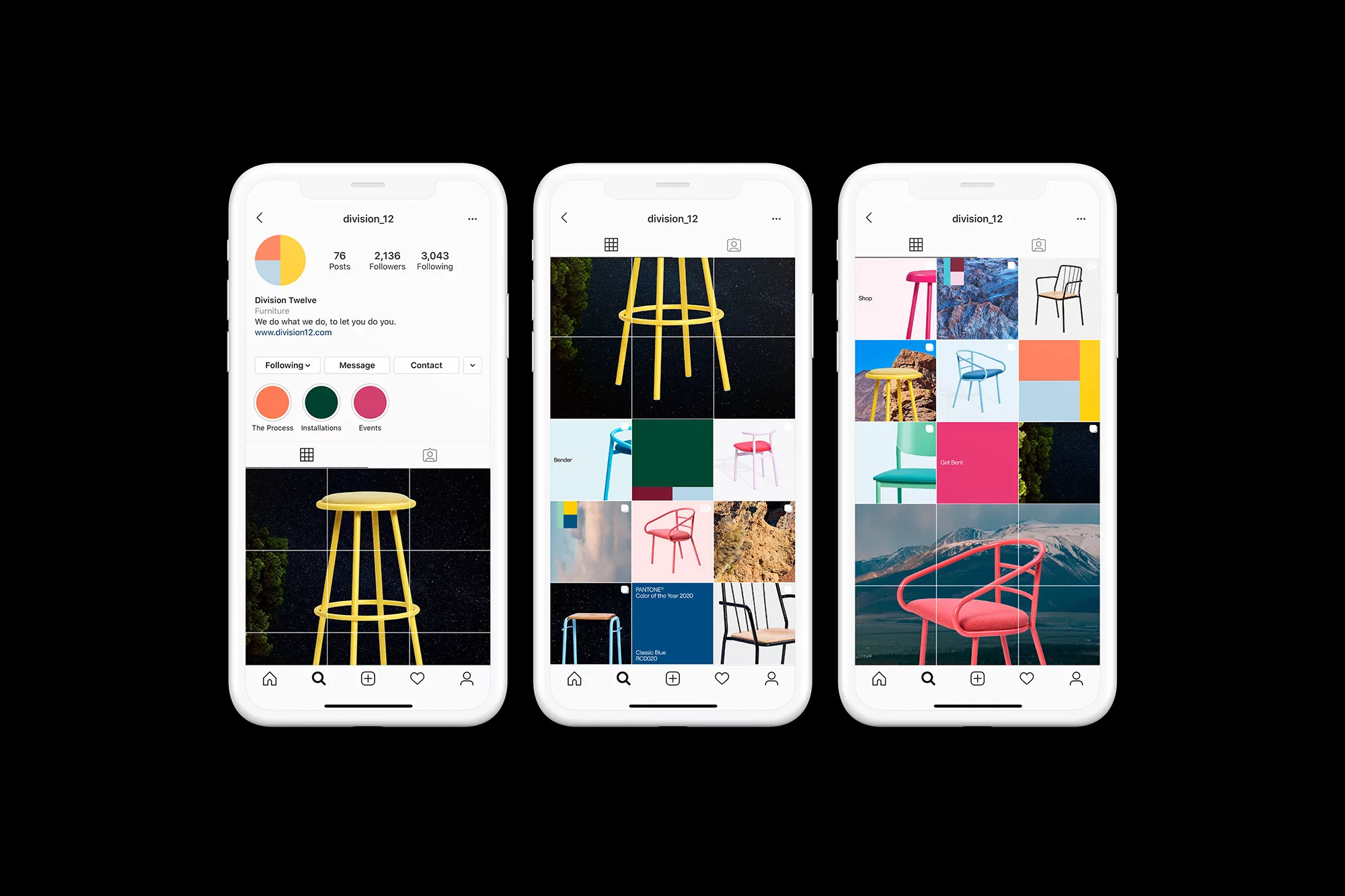 Three iPhone screens display an Instagram grid featuring yellow and pink chairs against contrasting backgrounds, showcasing design and color.