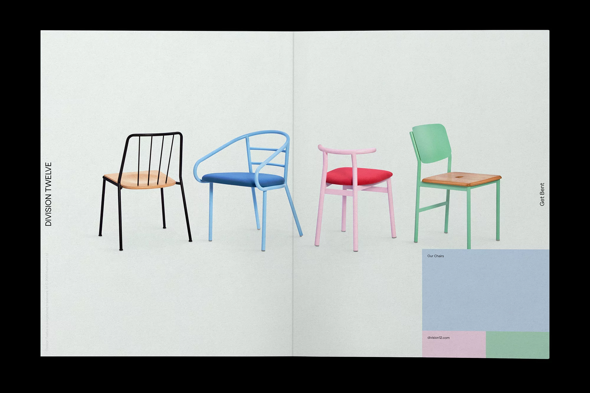 Minimalist arrangement: Four colorful chairs displayed on a white double-page spread, showcasing modern furniture design with vibrant hues.