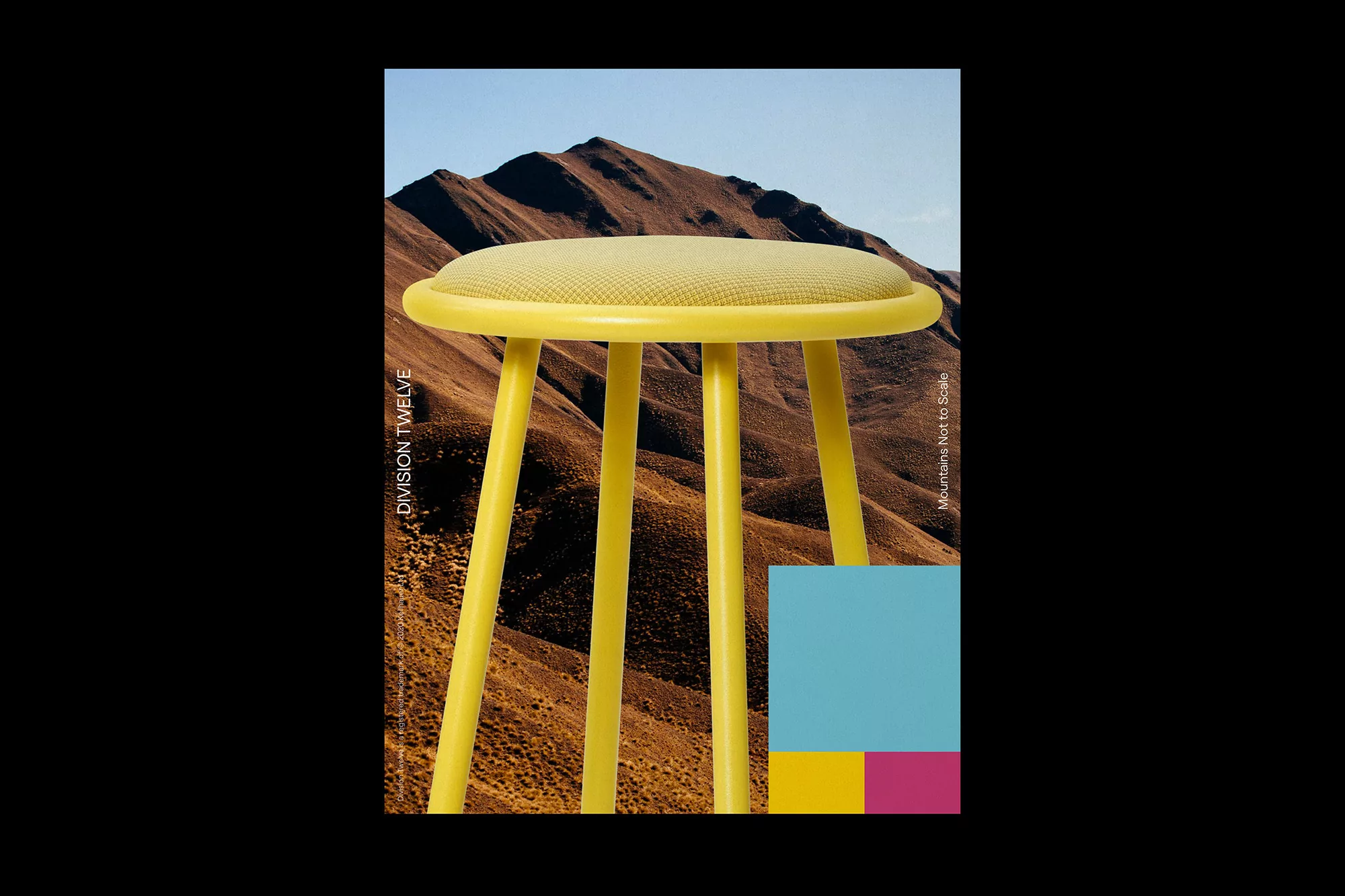 Yellow stool stands in front of a mountain range under a clear blue sky, alongside graphic blocks of teal, yellow and magenta.