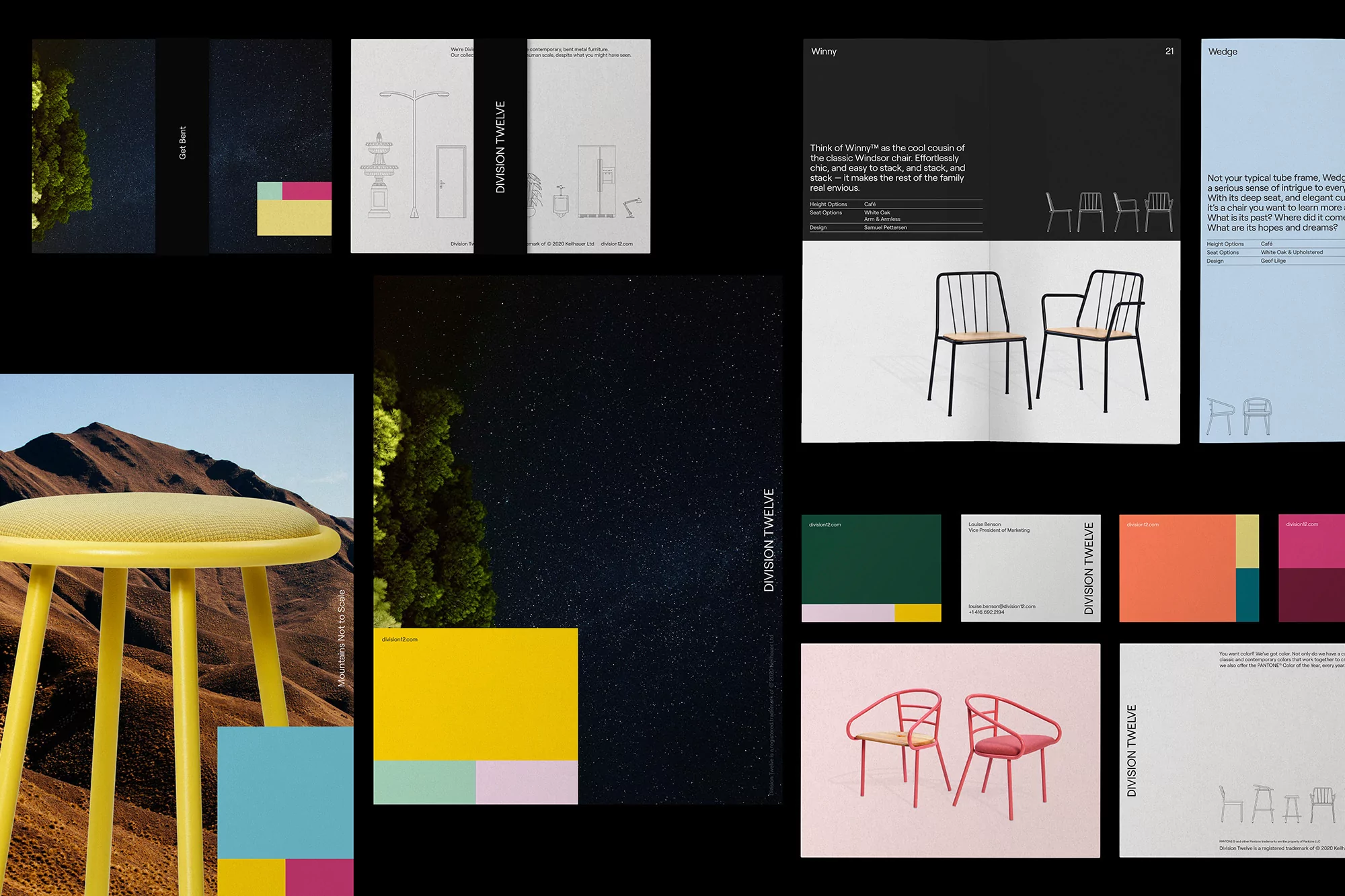 Collage of Division Twelve brand catalog featuring furniture pieces, color swatches, and natural landscape photography with geometric shapes.