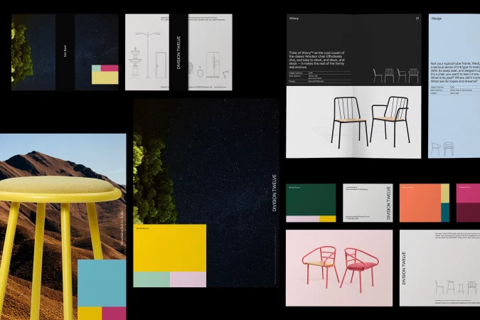 Collage of Division Twelve brand catalog featuring furniture pieces, color swatches, and natural landscape photography with geometric shapes.