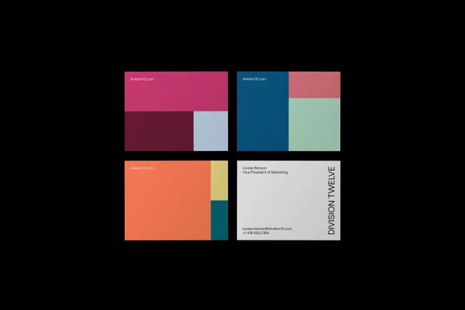 Geometric business cards showcase a modern design with vibrant color blocks, minimalist text, and strong brand identity against a dark background.