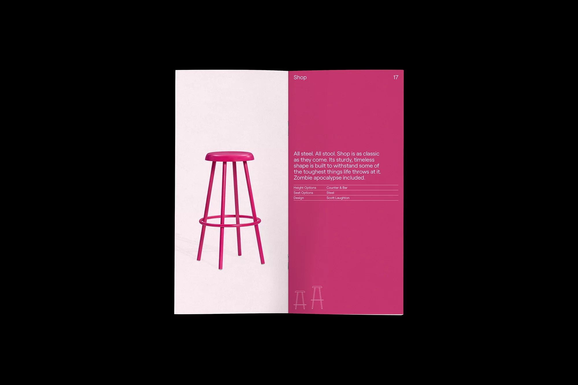 Studio shot of a magenta bar stool. This image features a modern metal stool with a round seat, isolated against a bright white background.