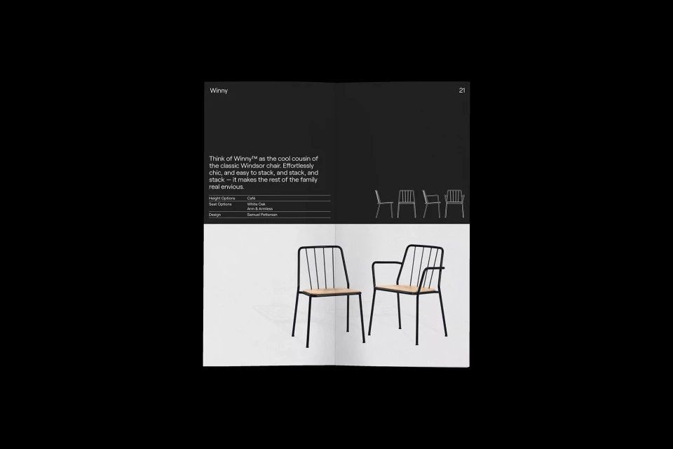 A page featuring a furniture advertisement showcases two black metal chairs with woven seats, presented against a split black and white background.
