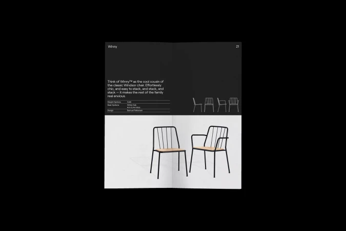 A page featuring a furniture advertisement showcases two black metal chairs with woven seats, presented against a split black and white background.