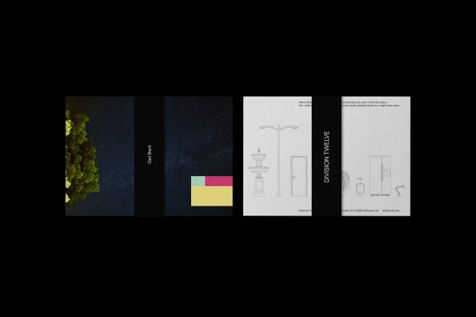 Abstract marketing image with graphic panels showing nature, stars, architectural sketches, and product branding elements.