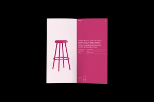 Catalog spread showing a hot pink metal bar stool on the left page and pink product description text on the right page.