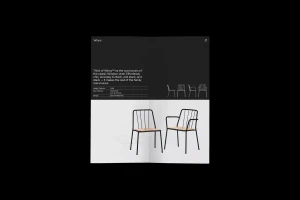 Catalog spread featuring black wireframe chairs with wooden seats for Division Twelve brand identity