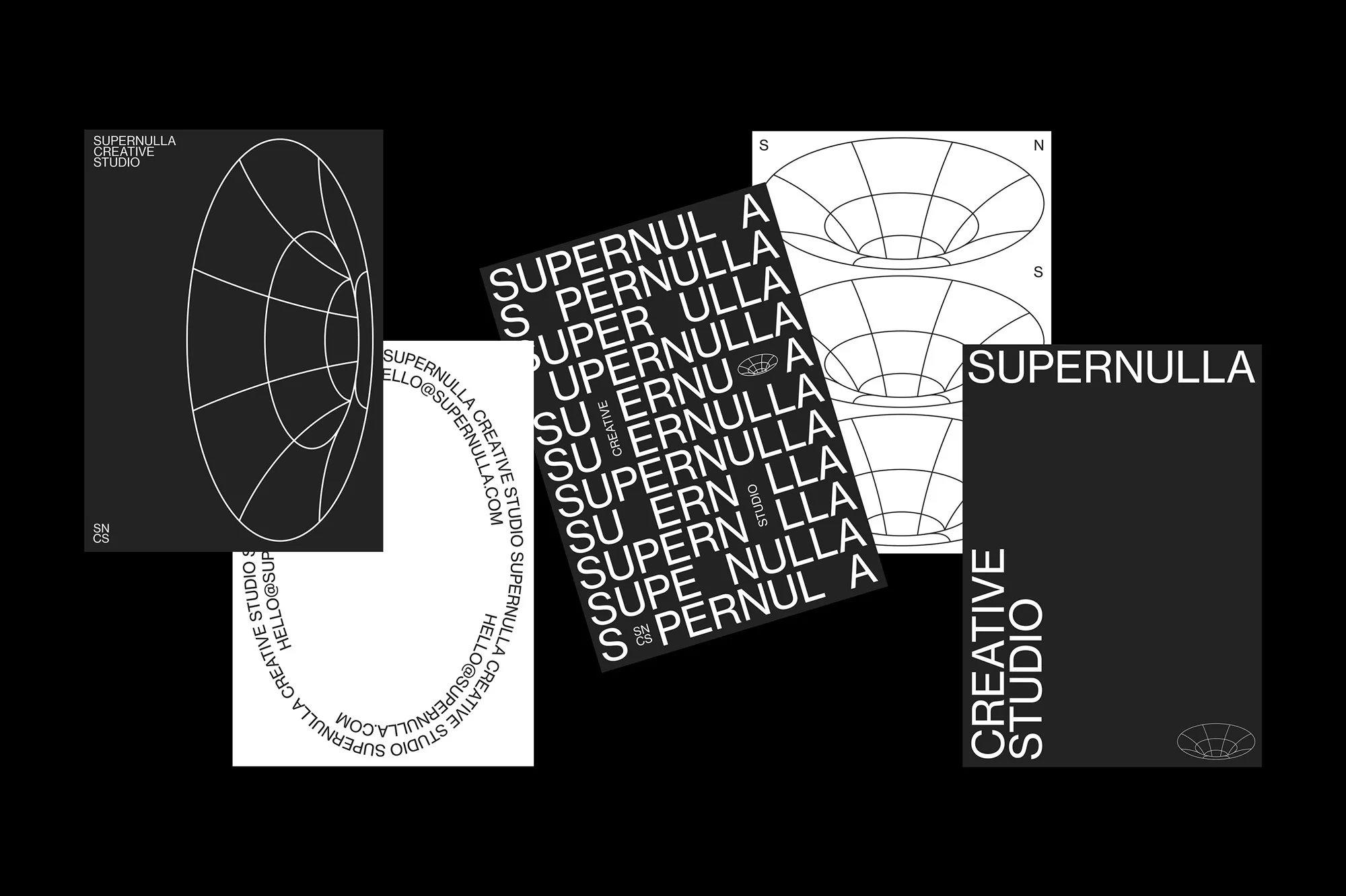 Graphic design featuring abstract geometric shapes and bold typography; text includes SUPERNULLA CREATIVE STUDIO against a black background.