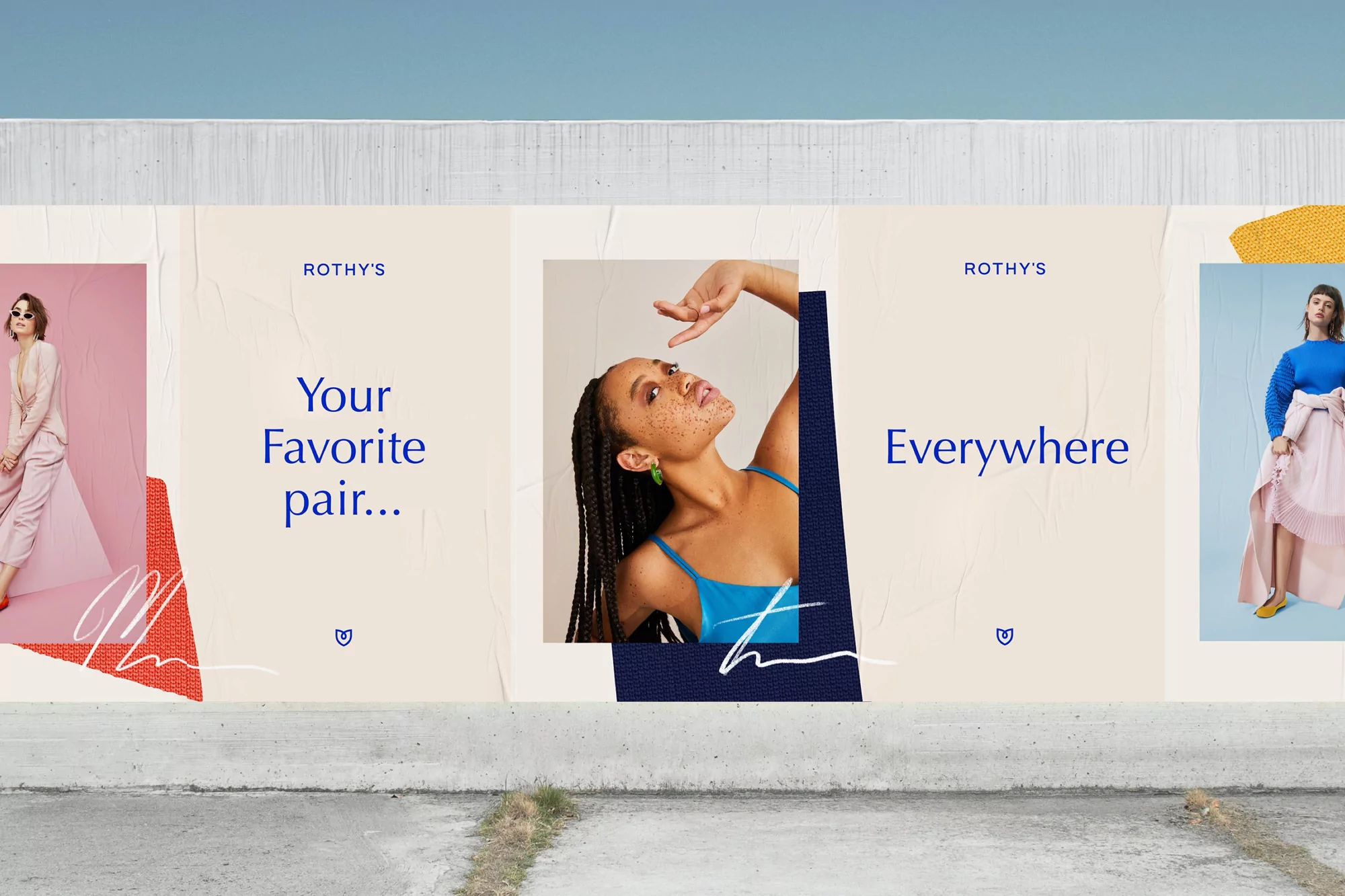 Outdoor advertising billboard featuring Rothy's brand with women models in various outfits and shoes, minimalist design, daytime.