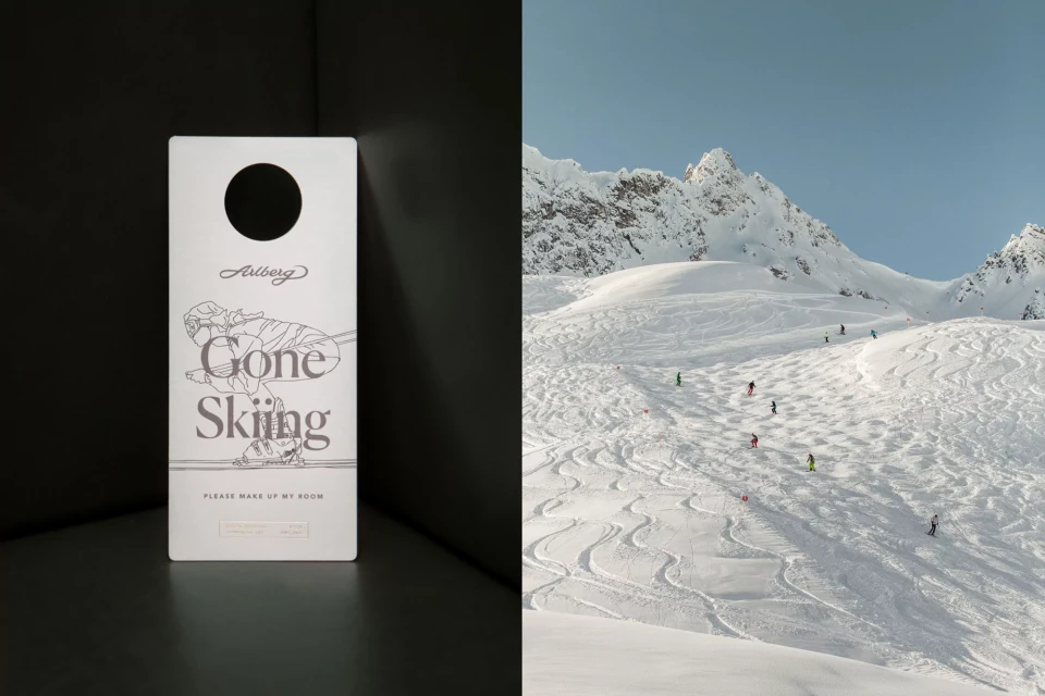 Split image of a hotel door hanger reading 'Gone Skiing' and a snowy mountain landscape with skiers on a sunny day.