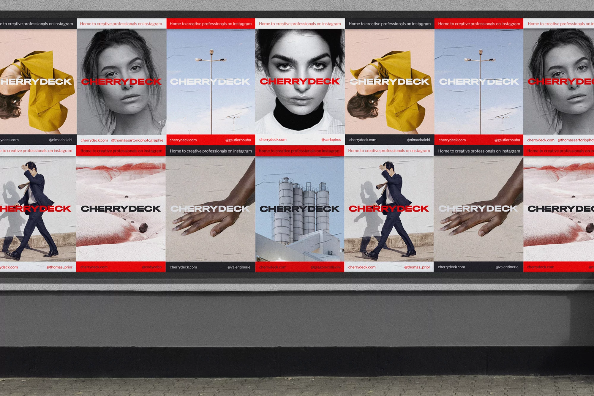 Billboard features a series of Cherrydeck marketing campaigns with models, cityscapes, and abstract designs in red, black, and white.