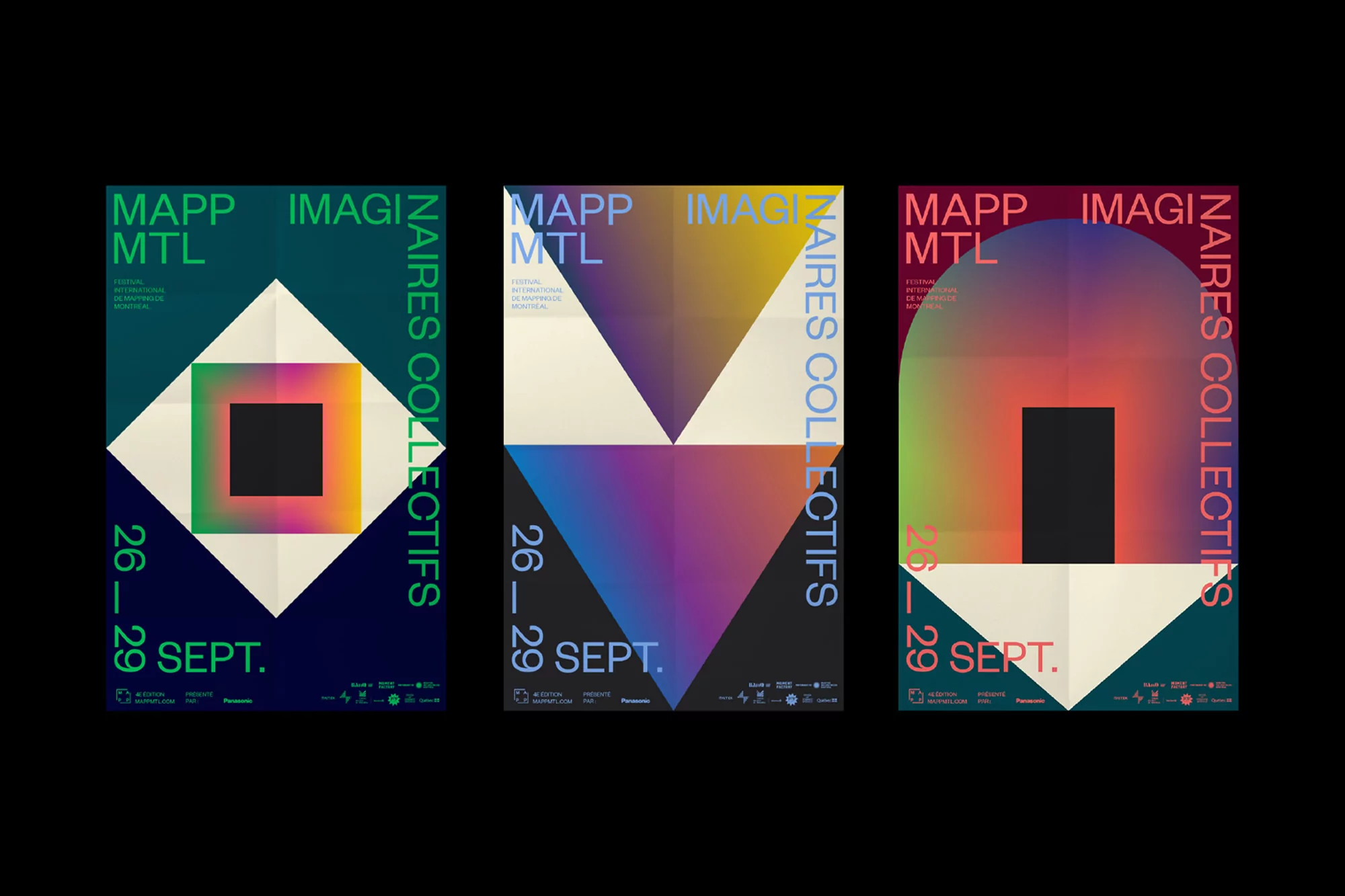 Three colorful graphic posters with geometric shapes and typography for 'MAPP MTL' and 'Naires Collectifs' on a black background.