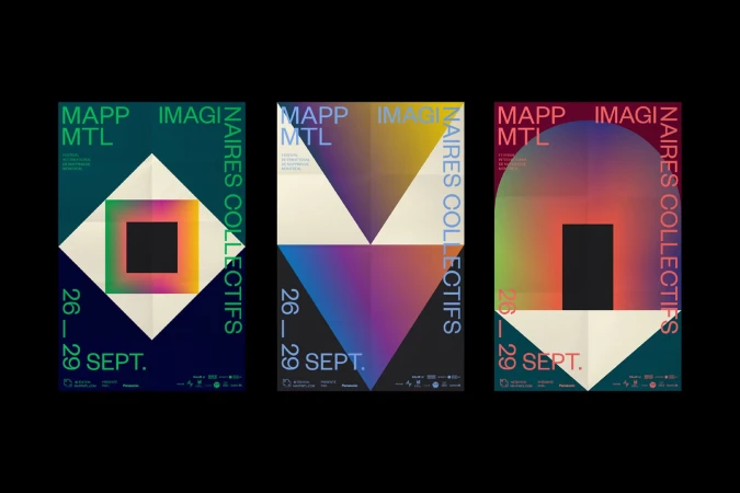 Three colorful graphic posters with geometric shapes and typography for 'MAPP MTL' and 'Naires Collectifs' on a black background.