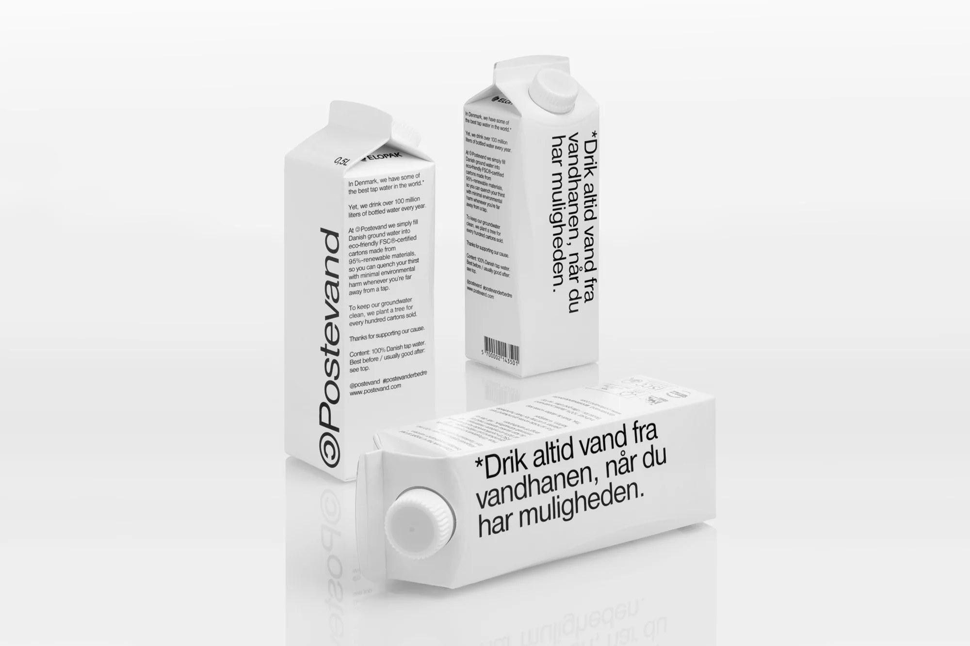 Three white Postevand water cartons with bold black typography arranged on a seamless white studio background.
