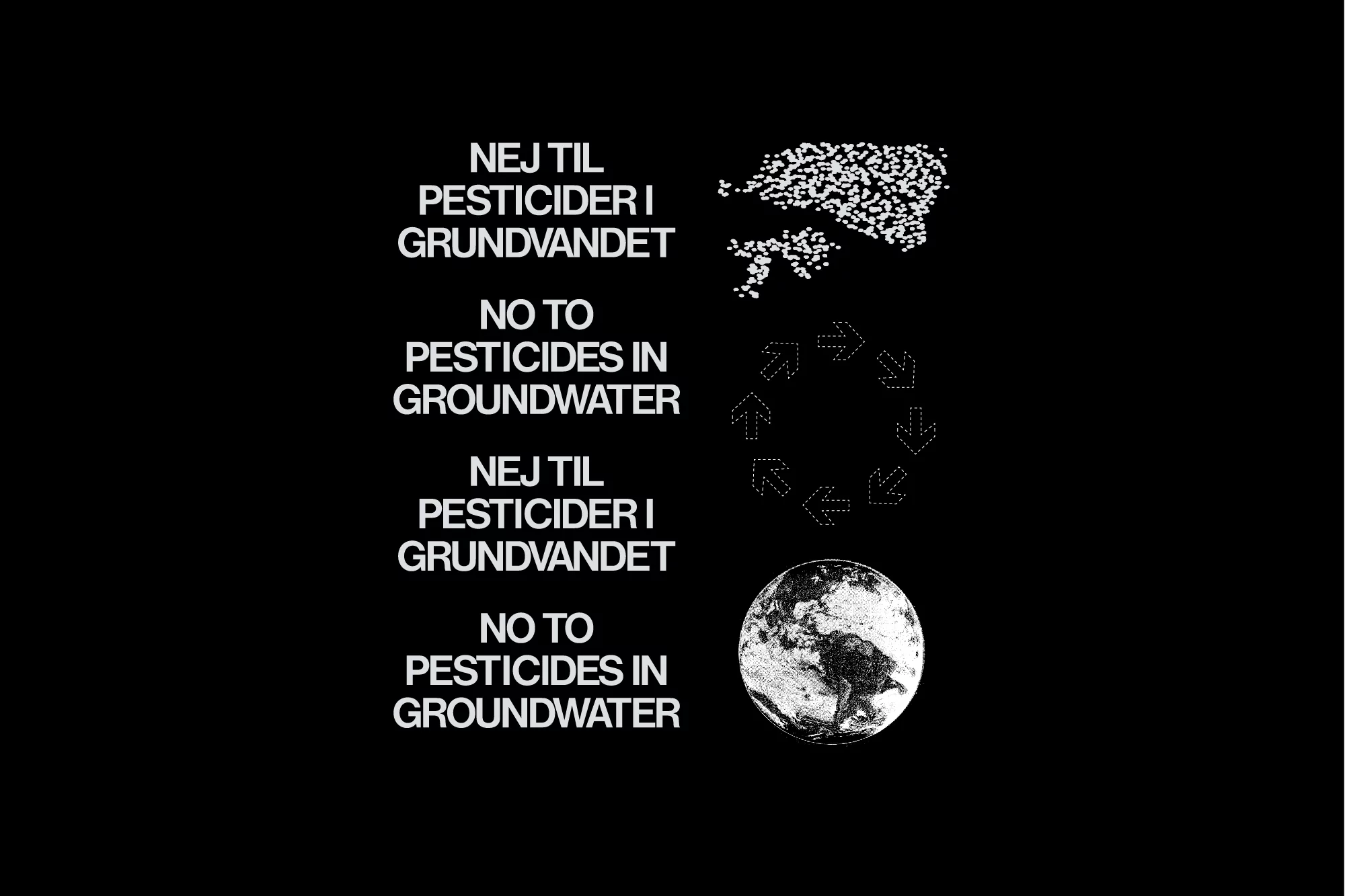 Conceptual illustration promoting pesticide awareness, featuring text, an arrow circle, and a distressed globe on a black backdrop.