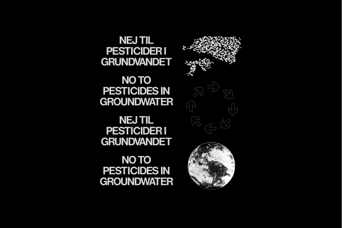 Conceptual illustration promoting pesticide awareness, featuring text, an arrow circle, and a distressed globe on a black backdrop.