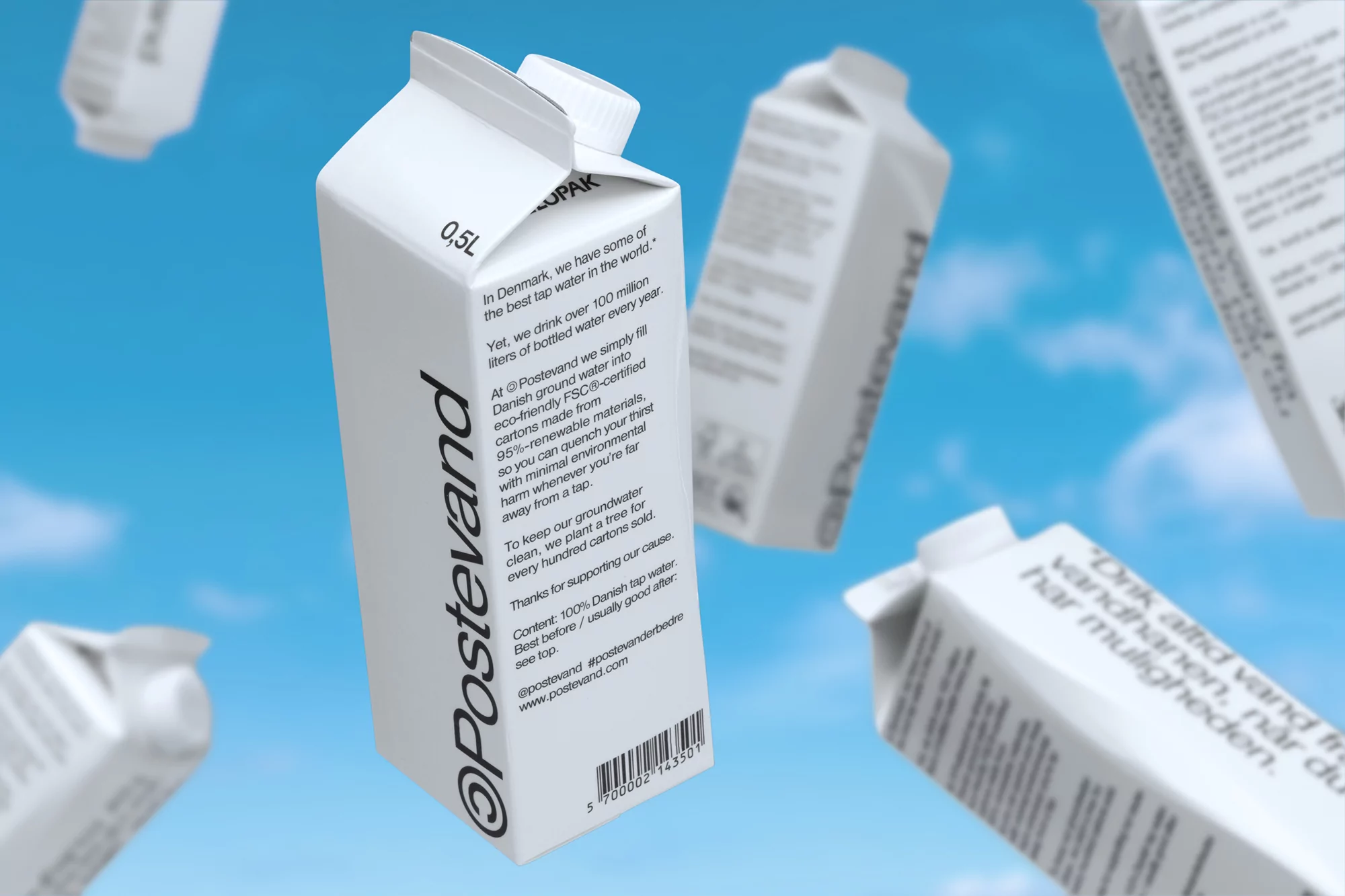 White and minimalist carton packaging floating in a blue sky with soft clouds, promoting eco-friendly and sustainable water source, Postevand.
