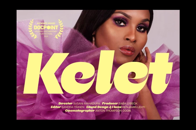 Movie poster featuring a portrait of an African-American woman with dramatic makeup and lilac tulle, overlaid with yellow text 'Kelet'.
