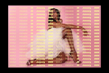 Black woman seated in a white tulle skirt against a pink background with repeated yellow typography.