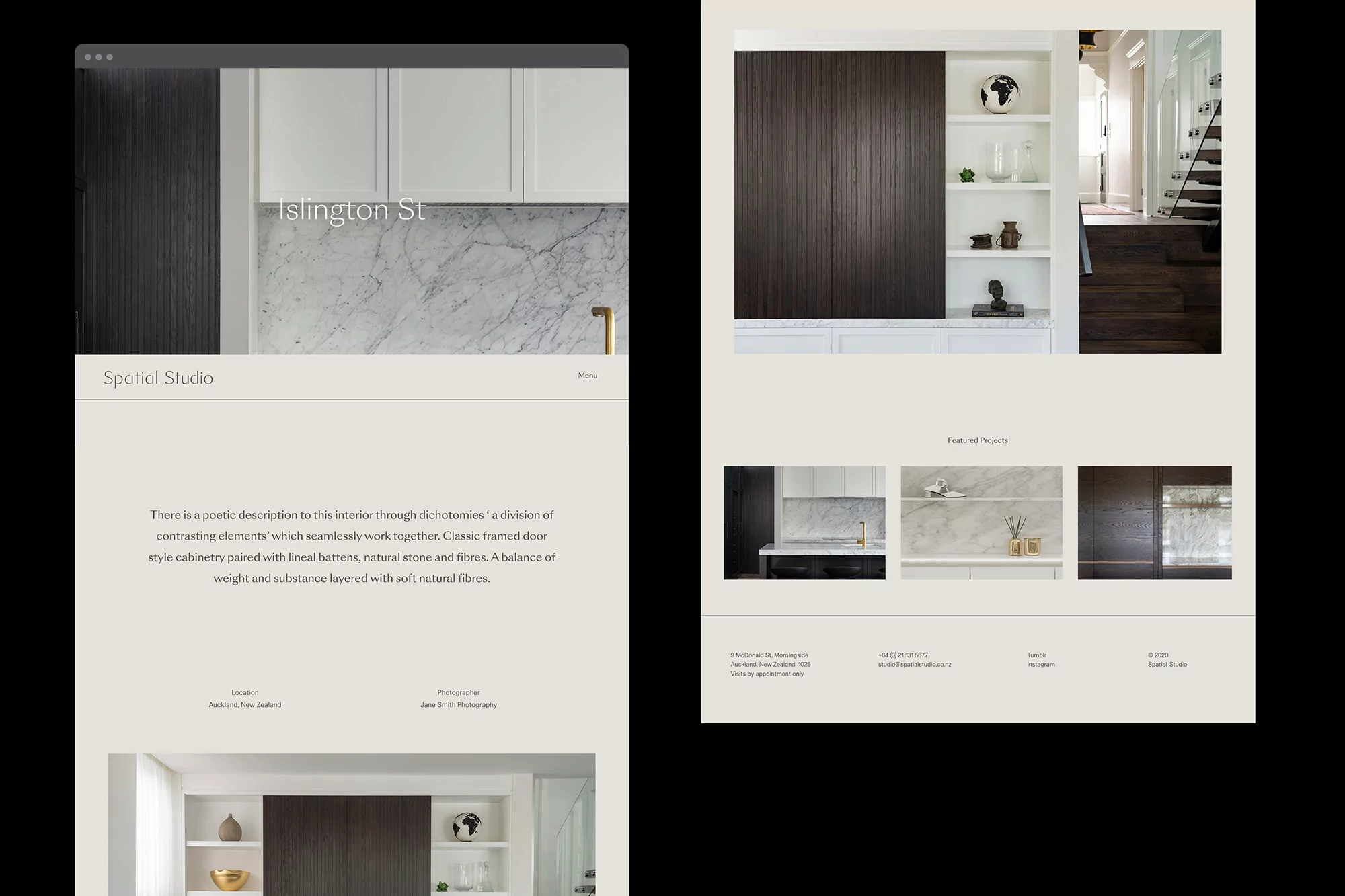 Interior design project featuring a kitchen with dark wood cabinetry, white marble countertops, and a white wall-mounted shelving unit.