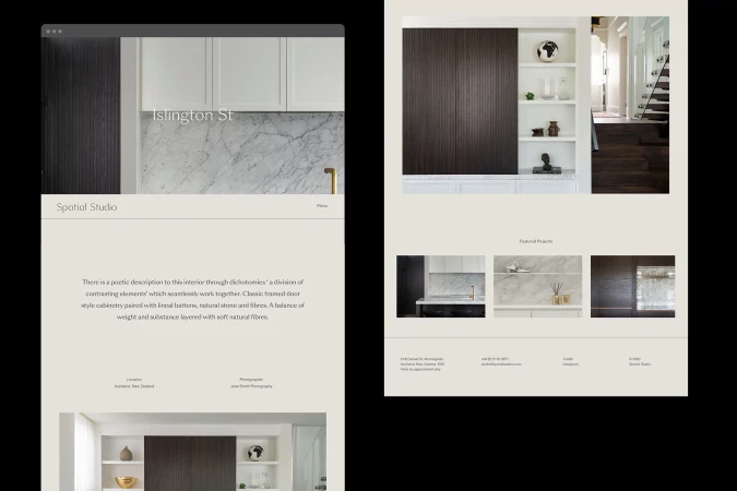 Interior design project featuring a kitchen with dark wood cabinetry, white marble countertops, and a white wall-mounted shelving unit.